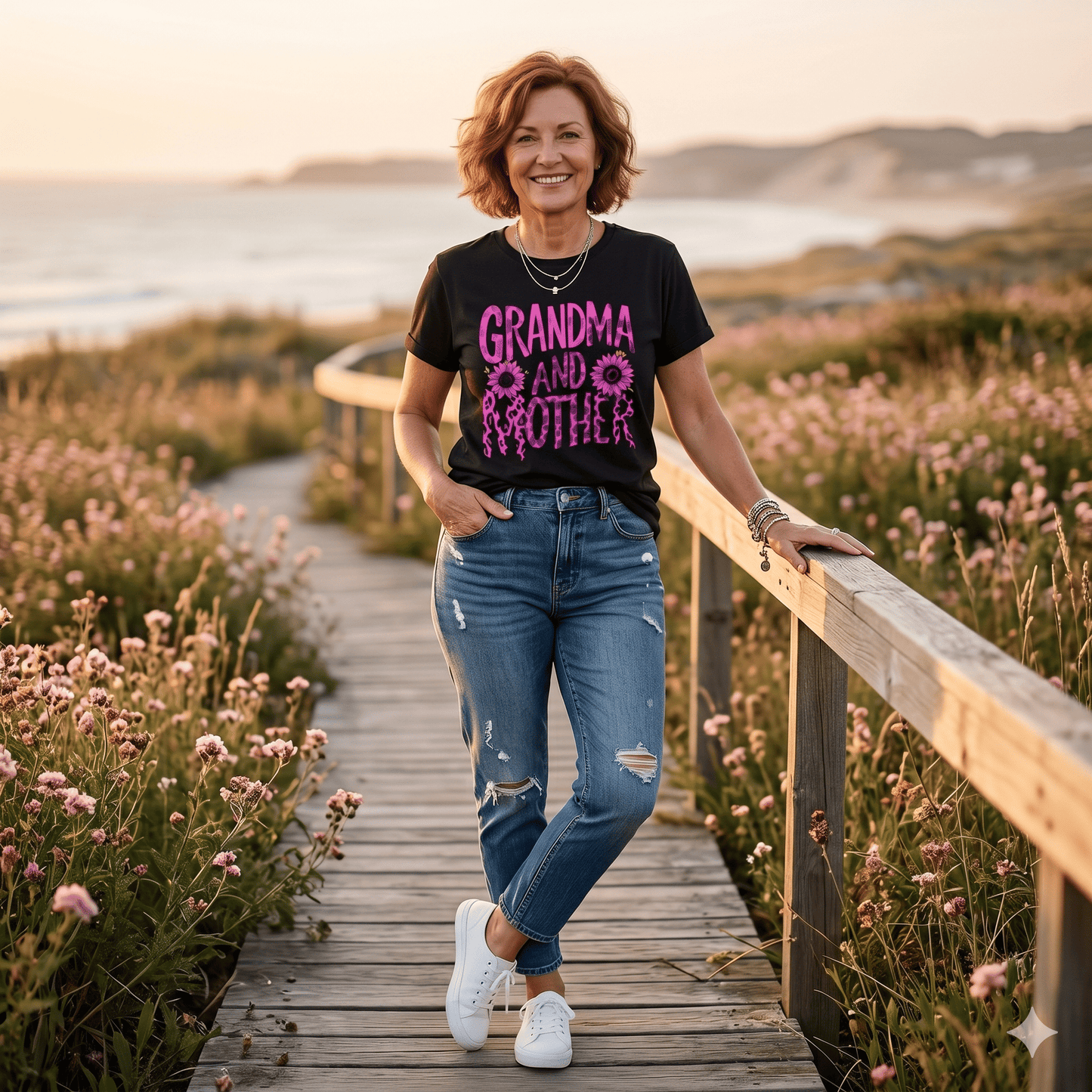 Grandma and Mother with Sunflower Printed Women's T-shirt