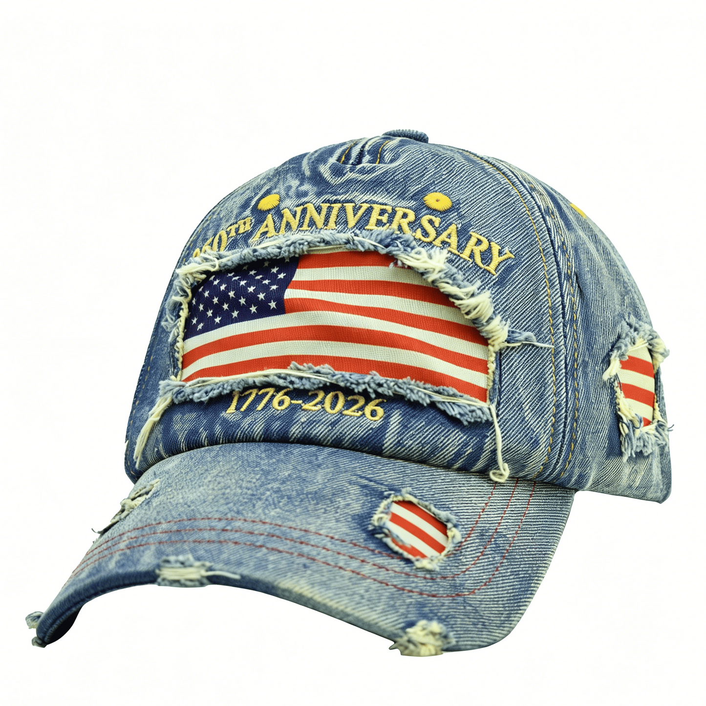 USA Anniversary Distressed Casual Cap, Adjustable Embroidered Distressed Denim Cap with Flag
