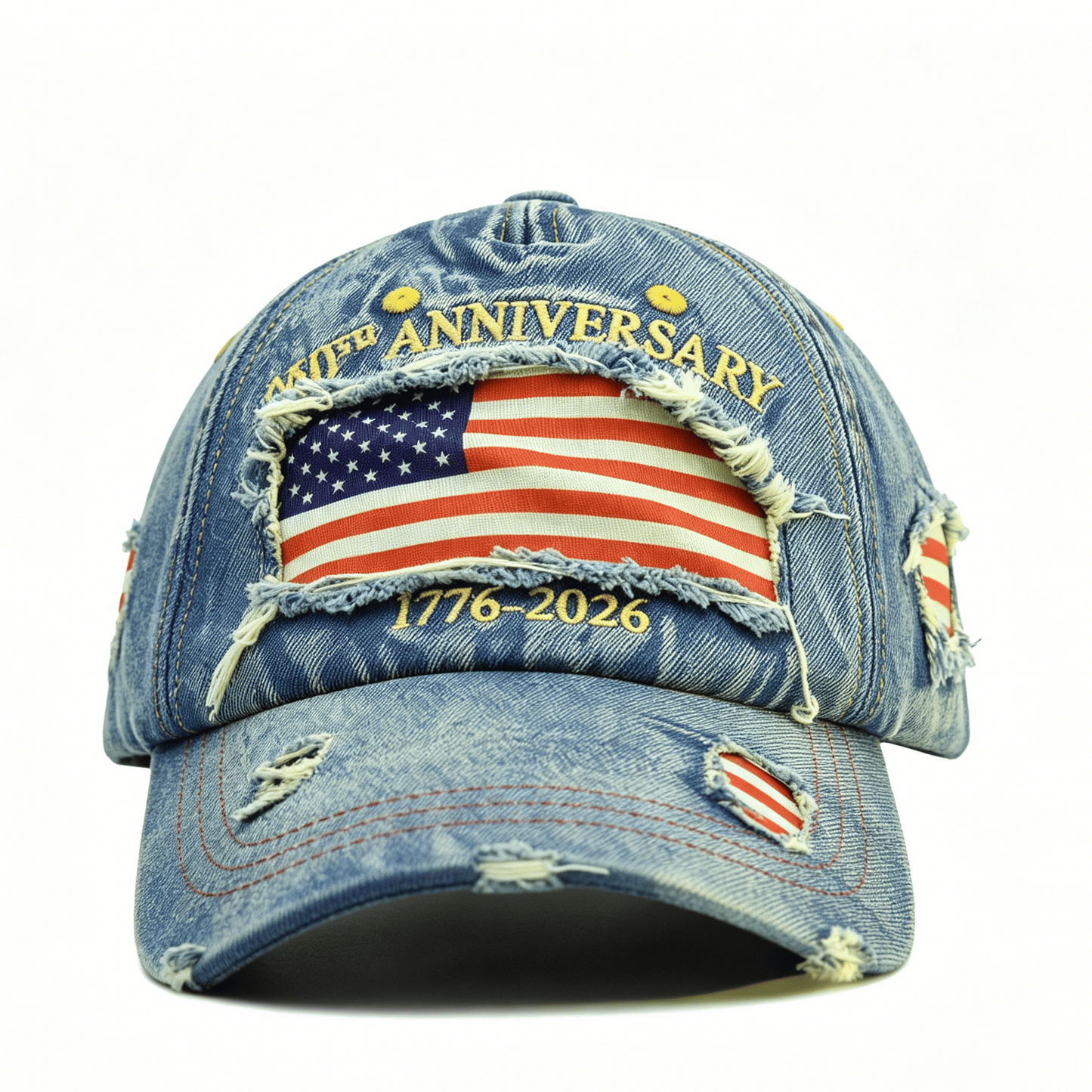USA Anniversary Distressed Casual Cap, Adjustable Embroidered Distressed Denim Cap with Flag